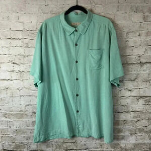 Tommy Bahama XXL 100% Silk Mint Short Sleeve Button Down Shirt Palm Leaves